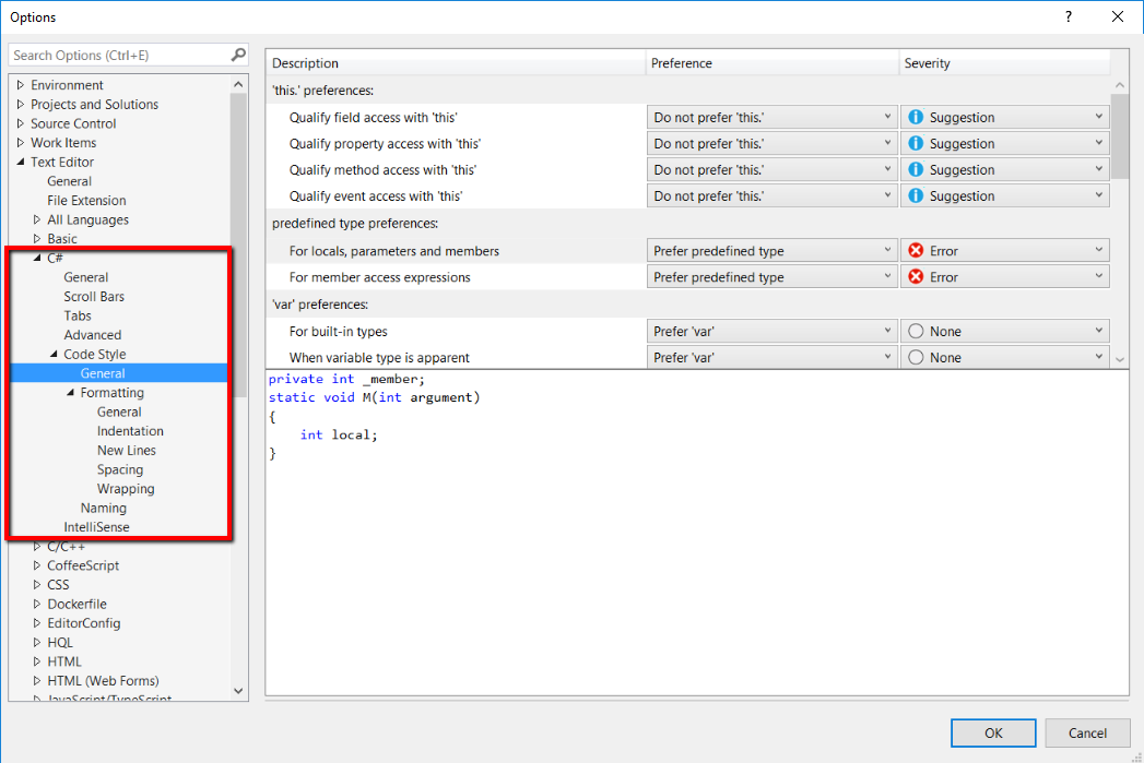 Editor Config Built-in Settings Visual Studio