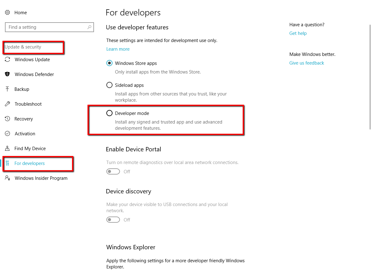 Enable Developer Mode Windows 10