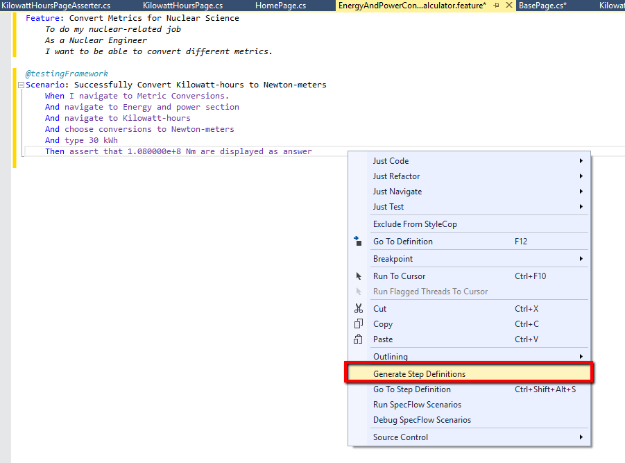 Generate SpecFlow Step Definitions