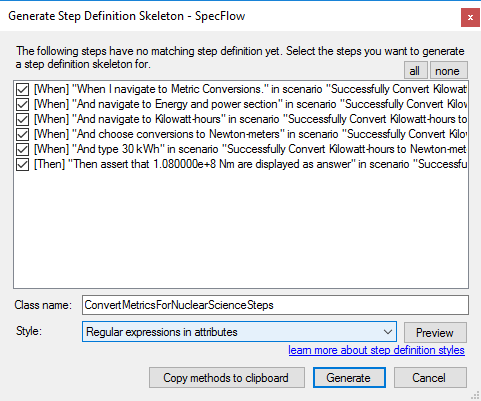 Generate Step Definitions Window Regular Expressions