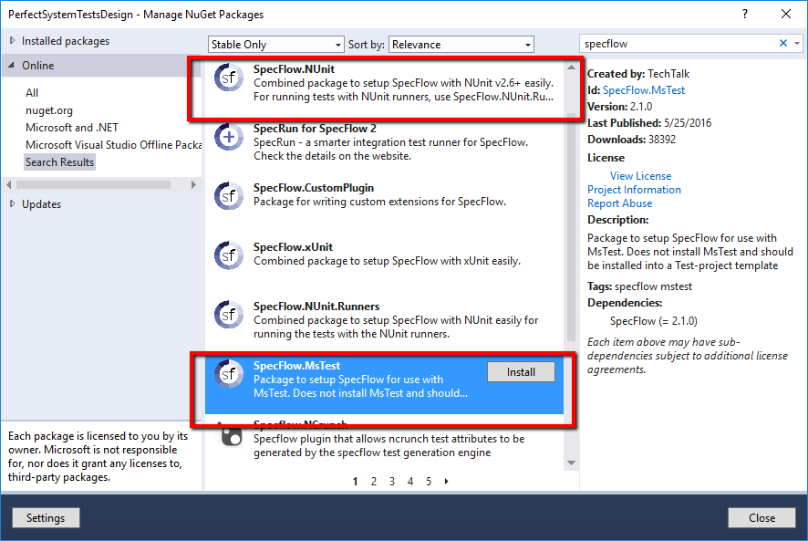 Install SpecFlow Unit Test Framework