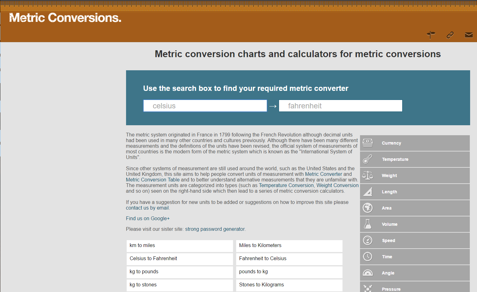 Metric Conversions Home Page