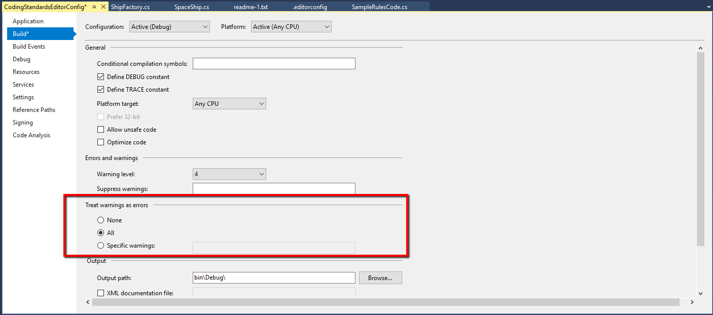 Project Settings Treat All Warnings As Errors